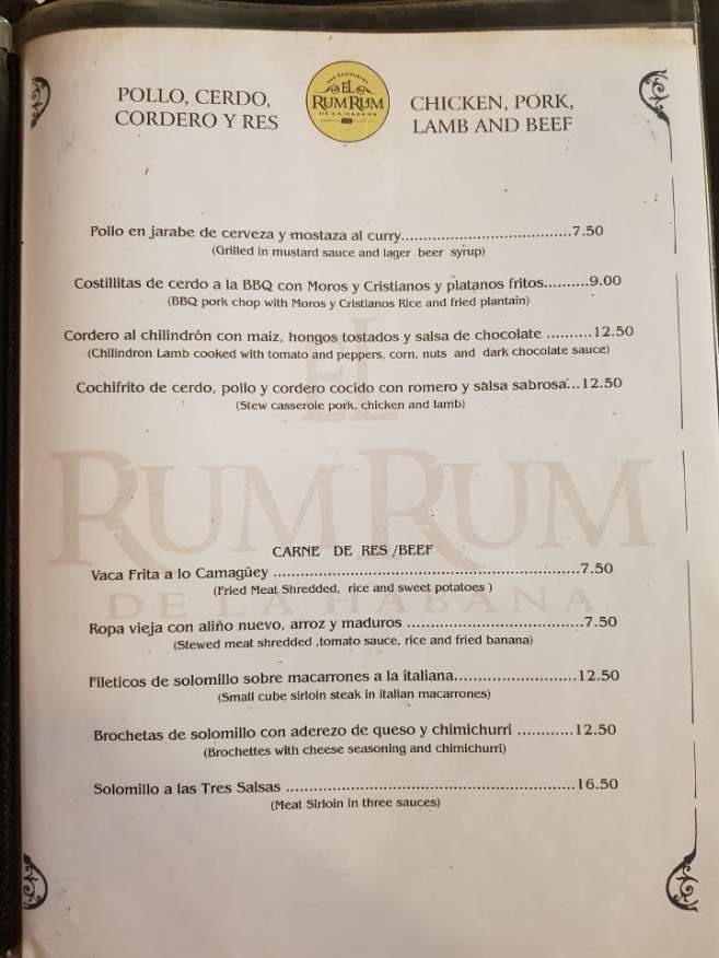 Menu at El Rum Rum Restaurant Old Havana Cuba