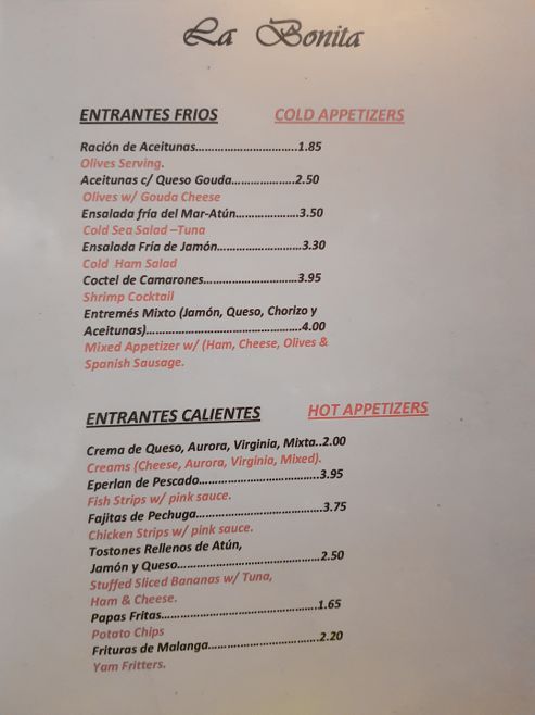 Entree menu at La Bonita Restaurant Havana Cuba