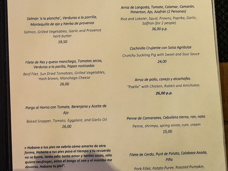 The other side of the menu at San Cristobal Restaurant